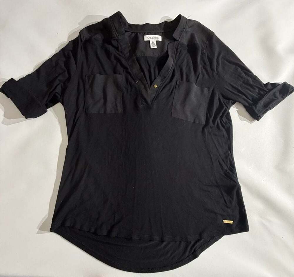 Calvin Klein Black Tab Sleeve V-Neck Blouse Tops Womens L